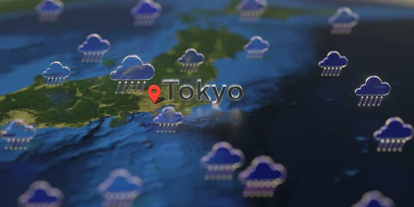 지도 위에 있는 도쿄 시 근처에 있는 강설 날씨 아이콘 , 3D 렌더링과 관련 된 일기 예보 — 스톡 사진