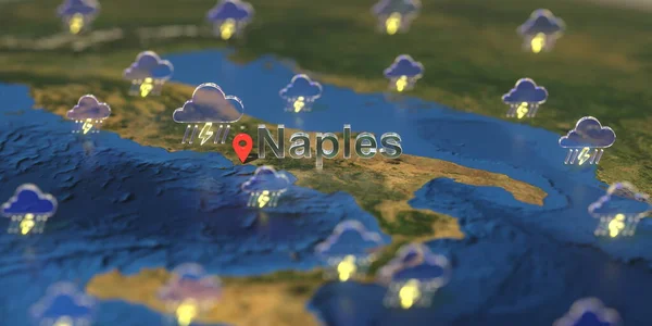 Ícones meteorológicos tempestuosos perto da cidade de Nápoles no mapa, previsão meteorológica relacionada com a renderização 3D — Fotografia de Stock
