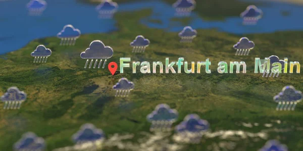 Rainy weather icons near Frankfurt am main city on the map, weather forecast related 3D rendering — Stock Photo, Image