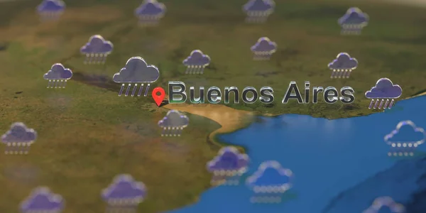 Ícones meteorológicos chuvosos perto da cidade de Buenos Aires no mapa, previsão do tempo relacionada renderização 3D — Fotografia de Stock