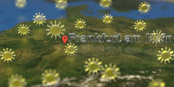 Soligt väder ikoner nära Frankfurt am Main stad på kartan, Väderprognos relaterad 3D-rendering — Stockfoto