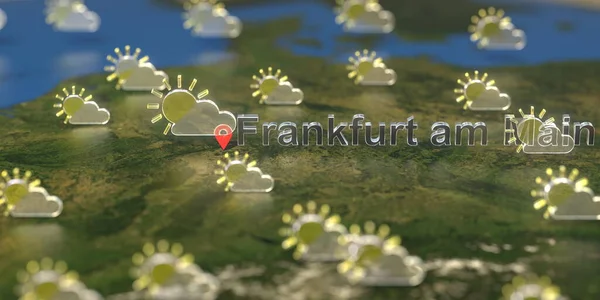 Partly cloudy weather icons near Frankfurt am main city on the map, weather forecast related 3D rendering — Stock Photo, Image