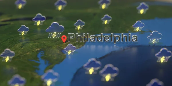 Ікони шторму біля міста Філадельфія на карті, прогноз погоди пов'язаний з 3D рендерингом — стокове фото