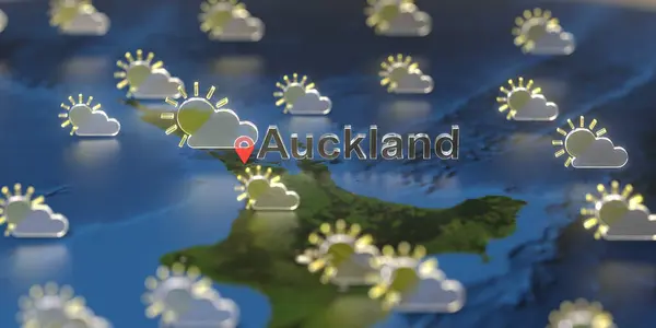 Delvis molnigt väder ikoner nära Auckland stad på kartan, Väderprognos relaterade 3D-rendering — Stockfoto
