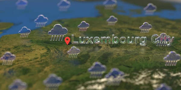 Rainy weather icons near Luxembourg city on the map, weather forecast related 3D rendering — Stock Photo, Image