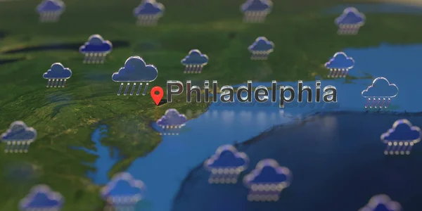 Ікони дощу біля міста Філадельфії на карті, прогноз погоди пов'язаний з 3D рендерингом — стокове фото