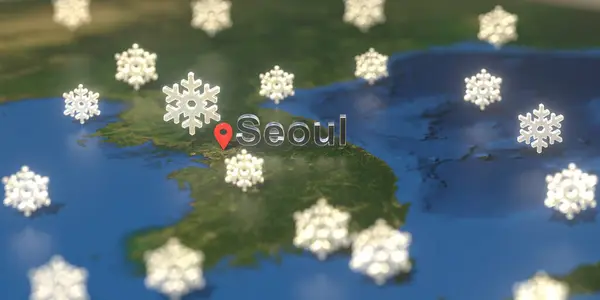 Snowy weather icons near Seoul city on the map, weather forecast related 3D rendering — Stock Photo, Image