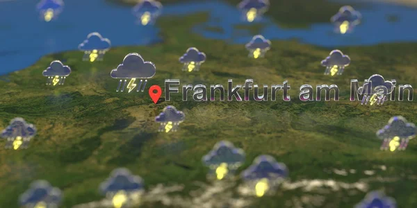 Weersymbolen bij Frankfurt am main stad op de kaart, weersvoorspelling gerelateerde 3D-weergave — Stockfoto