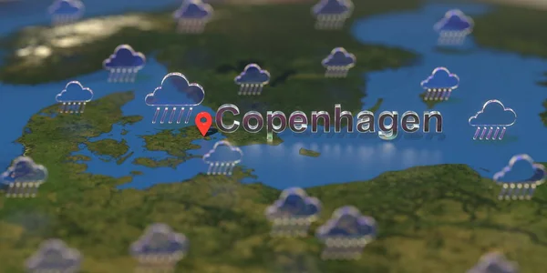 Rainy weather icons near Copenhagen city on the map, weather forecast related 3D rendering — Stock Photo, Image