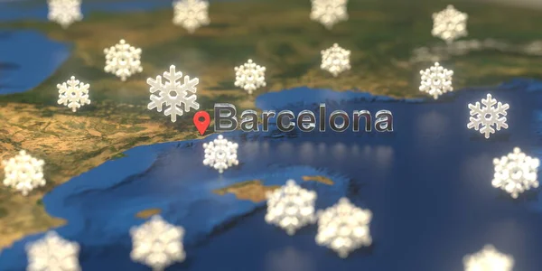 Ícones do tempo nevado perto da cidade de Barcelona no mapa, previsão do tempo relacionados renderização 3D — Fotografia de Stock