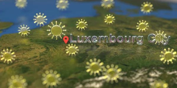 Sunny weather icons near Luxembourg city on the map, weather forecast related 3D rendering — Stock Photo, Image
