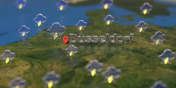 Stormy weather icons near Dusseldorf city on the map, weather forecast related 3D rendering — Stock Photo, Image