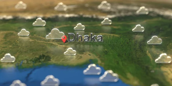 Ікони з хмарною погодою біля міста Дака на карті, прогноз погоди пов'язаний з 3D рендерингом — стокове фото