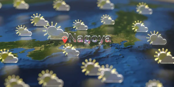 Icone meteo parzialmente nuvolose vicino a Nagoya sulla mappa, previsioni del tempo in città Nagoya — Foto Stock