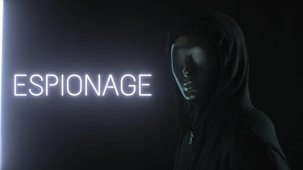 Man met zwart masker en het licht onthullende ESPIONAGE woord — Stockfoto