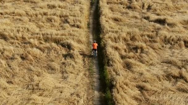 一位骑自行车的运动员停在田径运动道上的空中俯瞰 — 图库视频影像