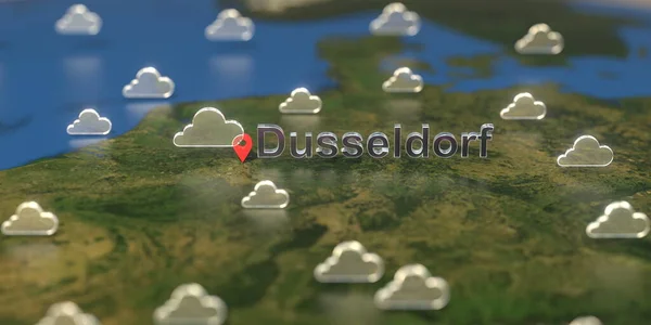 Cloudy weather icons near Dusseldorf city on the map, weather forecast related 3D rendering — Stock Photo, Image