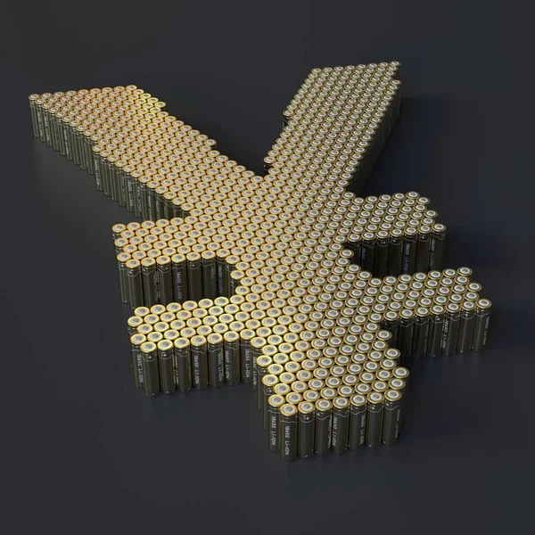 Знак йены, сделанный из множества батареек. Современные технологии 3D рендеринга — стоковое фото