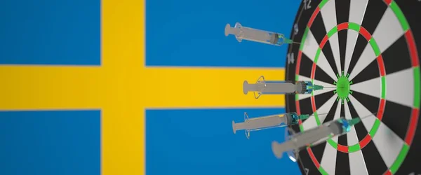 Des seringues avec un vaccin ont touché la cible près du drapeau suédois. Recherche médicale et vaccination réussies en Suède. rendu 3D conceptuel — Photo