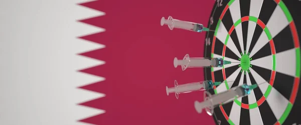 Jeringas de vacunas con texto y bandera de Qatar como fondo. Investigación médica qatarí y vacunación, representación 3D — Foto de Stock