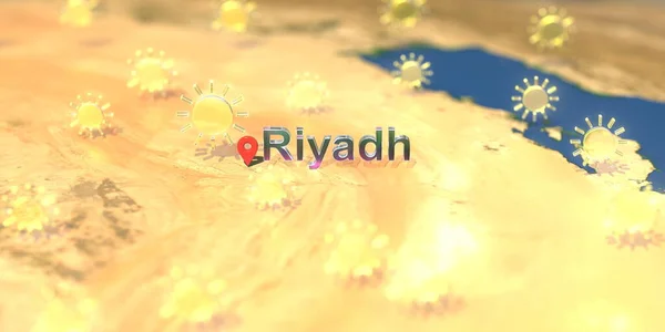 Słoneczne ikony pogody w pobliżu Rijad na mapie, prognoza pogody związane z renderowaniem 3D — Zdjęcie stockowe