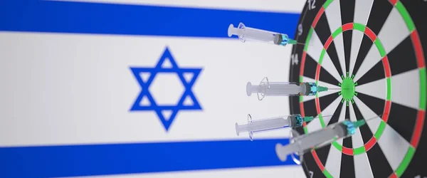 Αρκετές σύριγγες με ένα εμβόλιο στο φόντο της ισραηλινής σημαίας. Ιατρική έρευνα και εμβολιασμός στο Ισραήλ, 3D rendering — Φωτογραφία Αρχείου