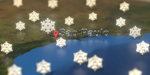 Snowy weather icons near Sao paulo city on the map, weather forecast related 3D rendering — Stock Photo, Image