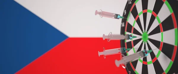 Шрінгс з ураженою вакциною мішенню біля чеського прапора. Успішні медичні дослідження та вакцинації в Чеській Республіці. Концептуальний 3D-рендеринг — стокове фото