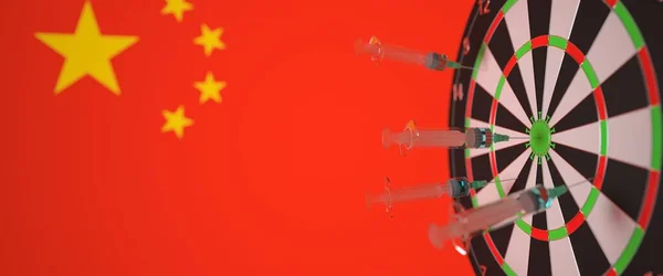Strzykawki ze szczepionką trafiły w cel niedaleko chińskiej flagi. Udane badania medyczne i szczepienia w Chinach. Konceptualne renderowanie 3D — Zdjęcie stockowe