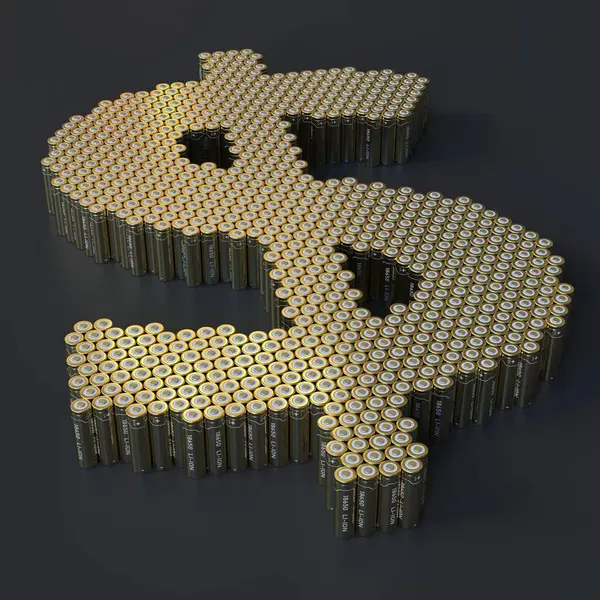Dollar sign made with many batteries. Modern technologies related 3d rendering — Stock Photo, Image