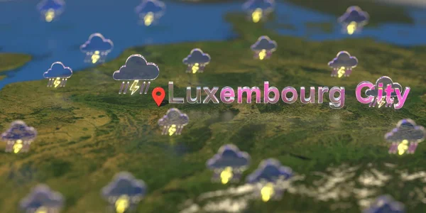 Stormy weather icons near Luxembourg city on the map, weather forecast related 3D rendering — Stock Photo, Image