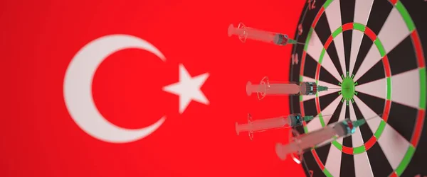 Türk bayraklarında aşı bulunan çok sayıda şırınga. Türkiye 'de tıbbi araştırma ve aşı, 3 boyutlu yorumlama — Stok fotoğraf