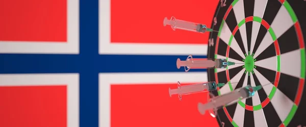 Strzykawki zawierające tekst i flagę Norwegii jako tło. Norweskie badania medyczne i szczepienia, renderowanie 3D — Zdjęcie stockowe