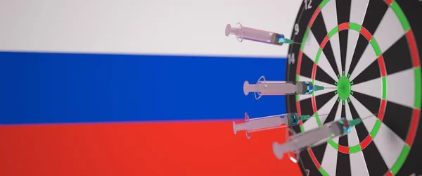 Вакцинные шприцы с текстом и флагом России в качестве фона. Российские медицинские исследования и вакцинация, 3D рендеринг — стоковое фото
