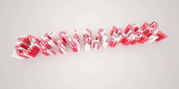 Λέξη της ΔΑΝΙΑΣ φτιαγμένη με μπαταρίες, πλατιά βολή. Σύγχρονες ηλεκτρικές τεχνολογίες εννοιολογική 3D απόδοση — Φωτογραφία Αρχείου