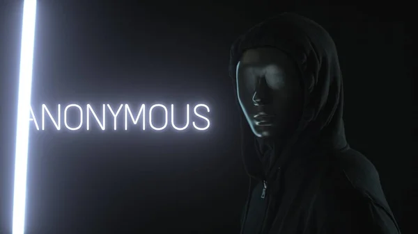 Homem usando máscara preta e a luz revelando a palavra ANÔNIMA — Fotografia de Stock