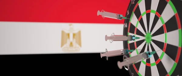 Σύριγγες με στόχο εμβόλιο κοντά στην Αιγυπτιακή σημαία. Επιτυχής ιατρική έρευνα και εμβολιασμός στην Αίγυπτο. Εννοιολογική τρισδιάστατη απόδοση — Φωτογραφία Αρχείου