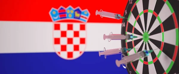Спрингс з вакциною влучив у ціль біля хорватського прапора. Успішні медичні дослідження та вакцинації в Хорватії. Концептуальний 3D-рендеринг — стокове фото