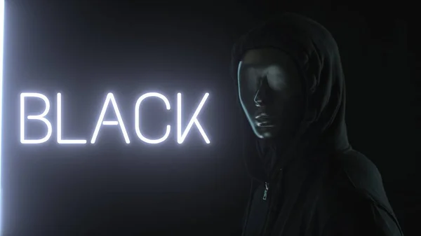 Muž s černou maskou a světlem odhalujícím BLACK slovo — Stock fotografie