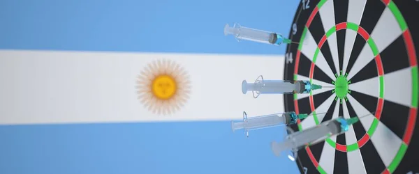 Mehrere Spritzen mit einem Impfstoff auf dem Hintergrund der argentinischen Flagge. Medizinische Forschung und Impfungen in Argentinien, 3D Rendering — Stockfoto