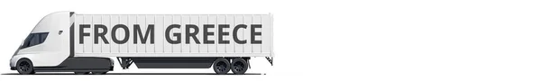 FROM GREECE text on the modern electric white truck, 3d rendering — Stock Photo, Image