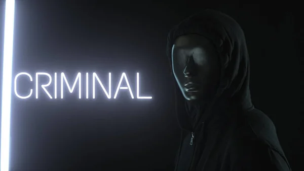Hombre desconocido con máscara negra y la luz revelando texto CRIMINAL —  Fotos de Stock