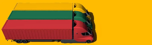 Les semi-remorques modernes forment le drapeau de la Lituanie sur fond jaune. Rendu 3d — Photo
