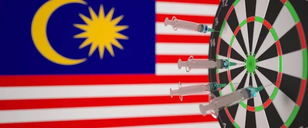 疫苗注射器以马来西亚文字和国旗为背景。马来西亚医学研究和疫苗接种，3D渲染 — 图库照片