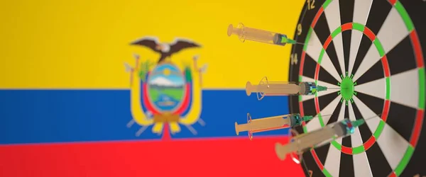 Siringhe vaccinali con testo e bandiera dell'Ecuador come sfondo. Ricerca e vaccinazione medica ecuadoriana, rendering 3D — Foto Stock