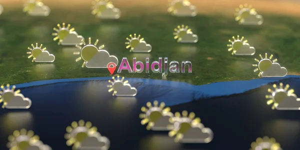 Частично облачные иконки погоды рядом с Абиджаном на карте, прогноз погоды связанный с 3D рендерингом — стоковое фото