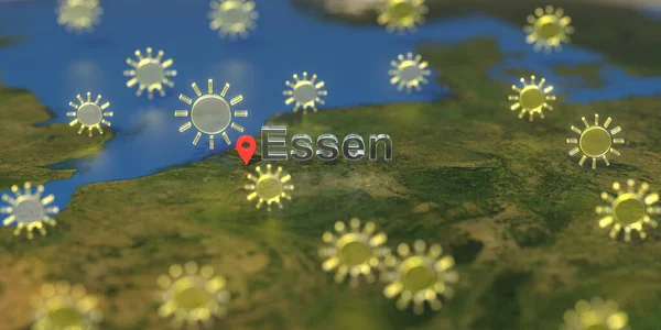 Sunny weather icons near Essen city on the map, weather forecast related 3D rendering — Stock Photo, Image