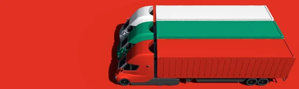 Trailer vrachtwagens vormen vlag van Bulgarije op rode achtergrond. 3d destructie — Stockfoto