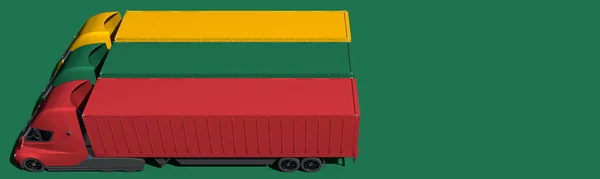 Camions remorques modernes forment drapeau de la Lituanie sur fond vert. Rendu 3d — Photo