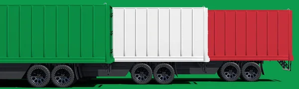 Rimorchio camion formano bandiera d'Italia su sfondo verde. rendering 3d — Foto Stock